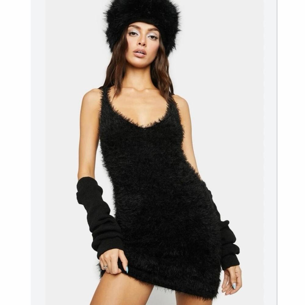 Dolls Kill Club Exx Down Tonight Fuzzy Mini Dress Black Bodycon Size Small S